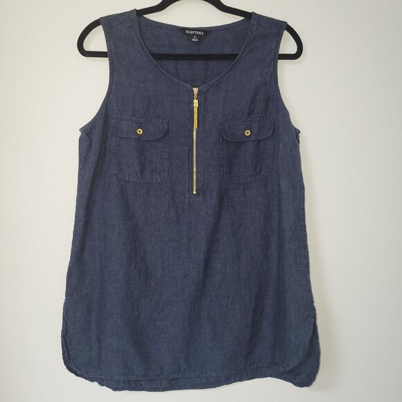 Ellen Tracy 100% Linen Sleeveless Tank Top Dark Blue - Picture 1 of 9